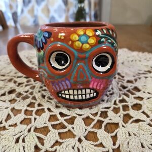 Calavera Mug. Handpainted Clay Sugar Skull Mug.